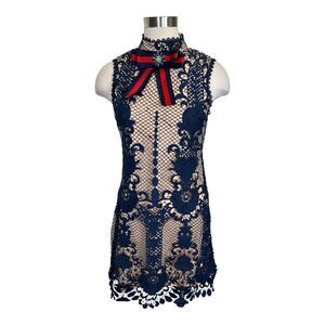 JUST ME Lace Overlay Shift Dress Navy/Nude Sz S